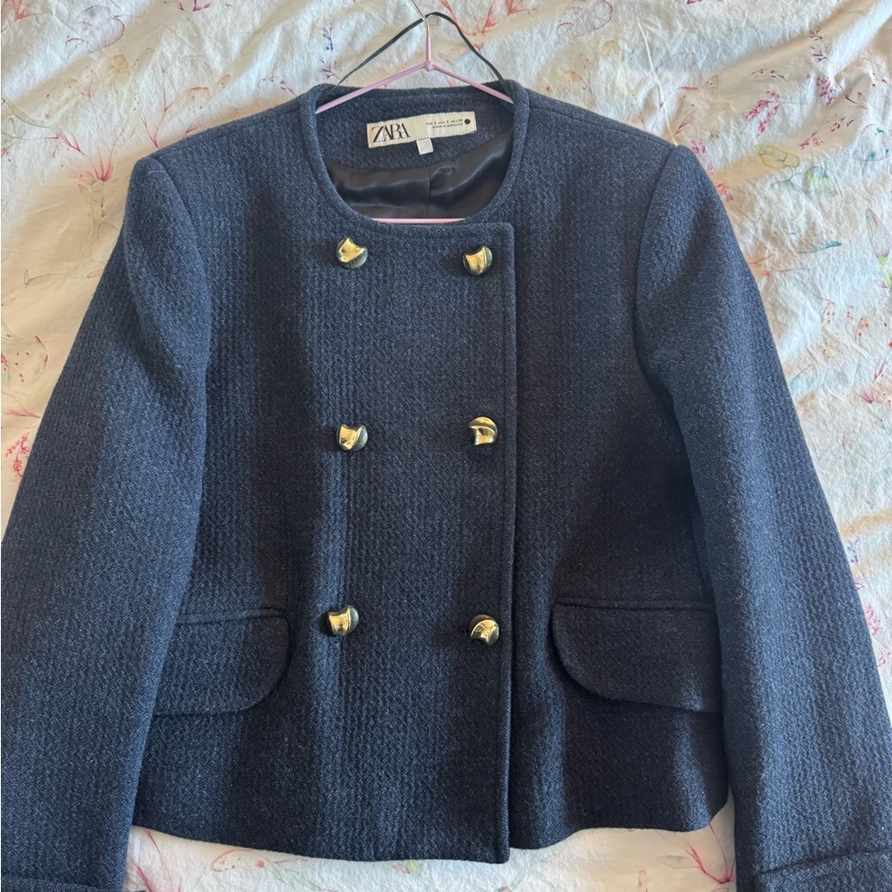 Zara Women's Navy Jacket with Gold Buttons